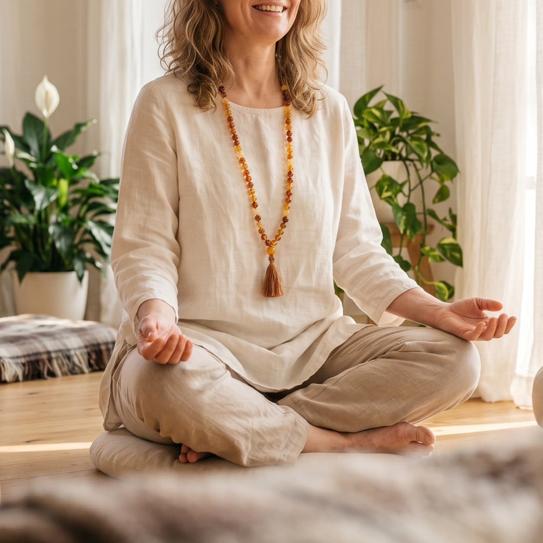 Woman wearing a Baltic amber mala while meditating